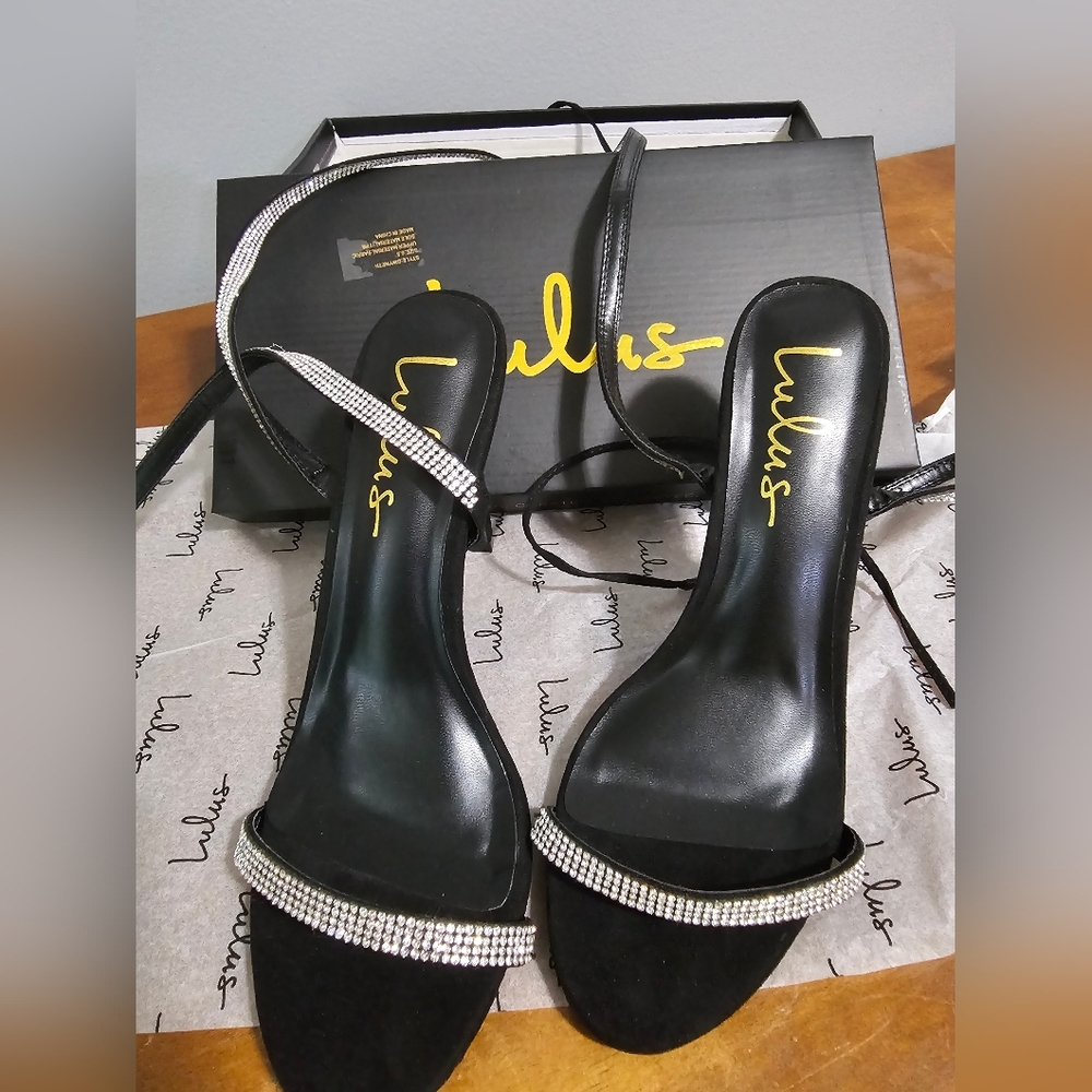 Lulu's Gwyneth Black Suede Rhinestone Lace-Up Heels 6½
